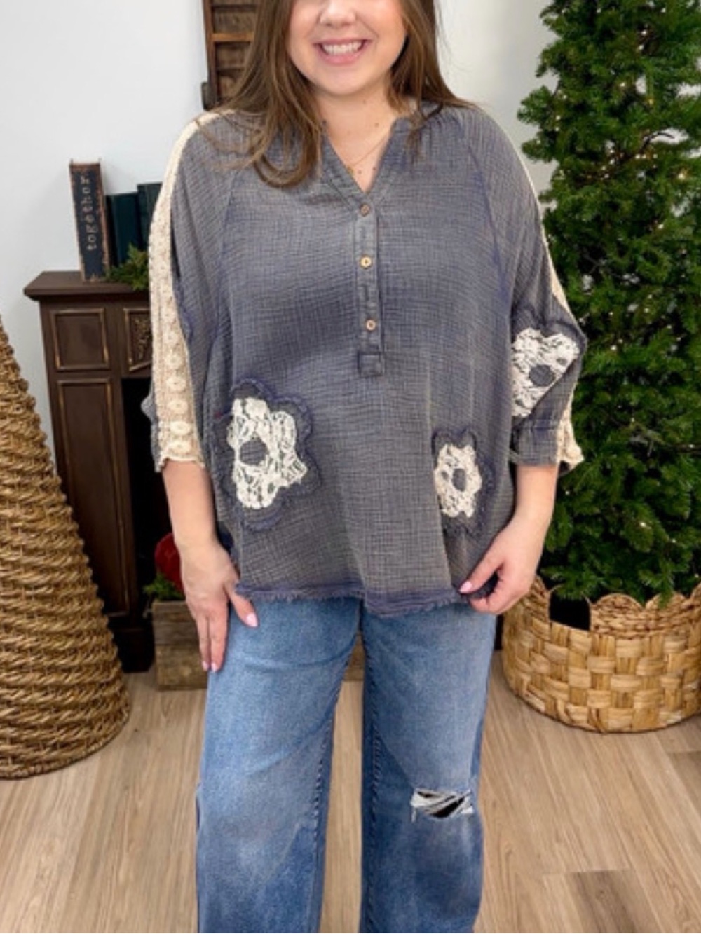 Blue Velvet Gray GauzeFlower Patch Oversized Tunic with Cream Lace Appliqué